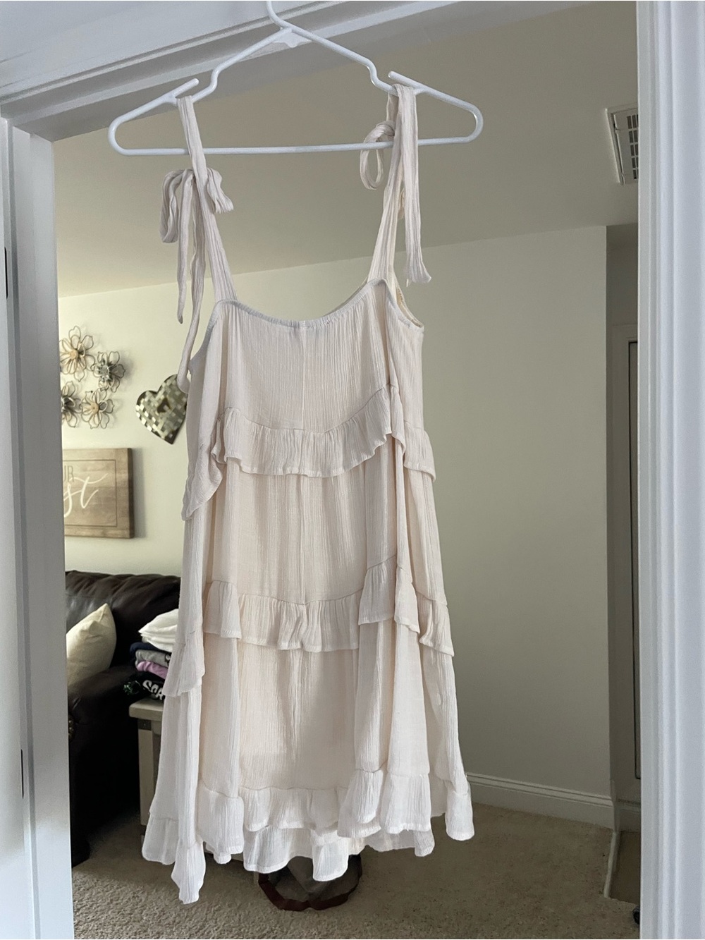 HYFVE Light Cream Tie-Shoulder Tiered Ruffle Mini Dress